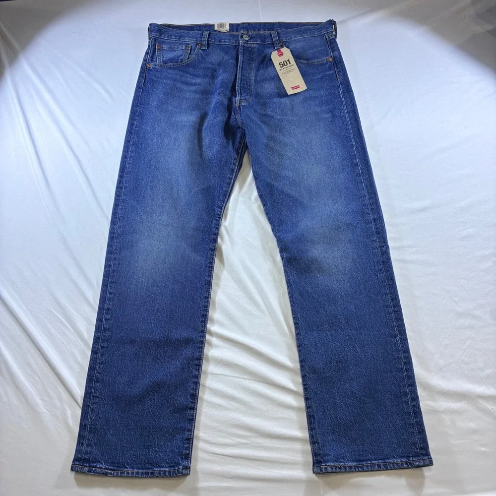 Levis 501 93 Straight Jeans Mens 38x32 Blue Stretch Denim Button Fly New